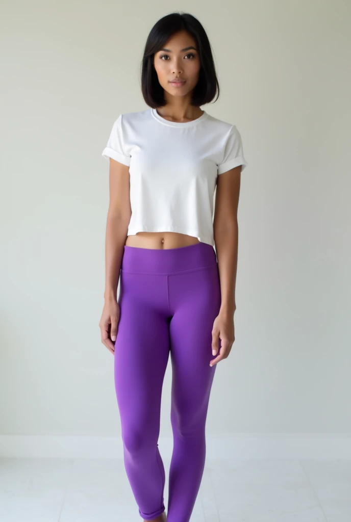 Full body image from head to toe of a woman who is not fat, with light caramel-colored brown skin, straight black hair in short leggings from the waist to the knees, exactly purple in color and a closed shirt without a neckline and short sleeves without buttons, white in color , The image must show the entire body from head to toe