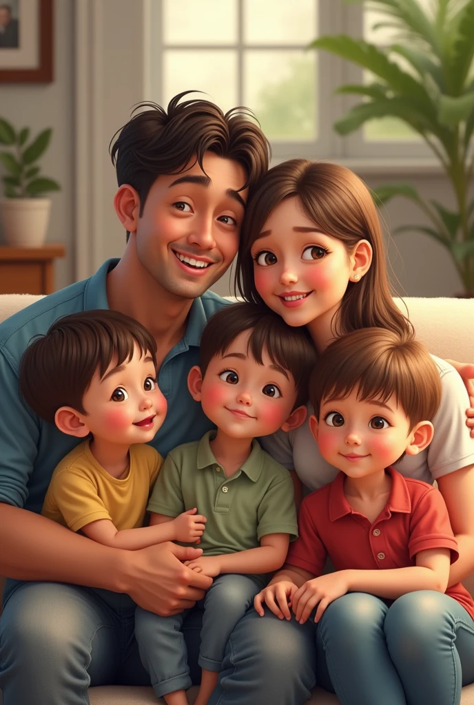 Couple with three children, one and two boys, semi-realistic