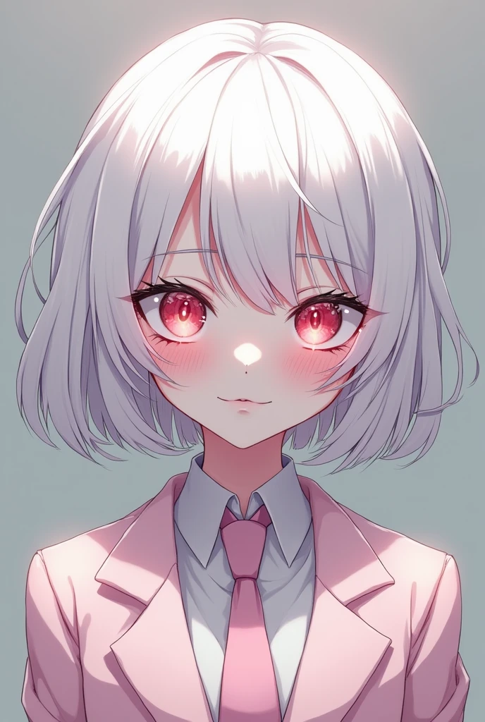 Anime style girl with evil face with short white hair, White eyelashes and completely albino, meaning her whole being is luminous white. Despite her evil, she dresses in clothes like a schoolgirl dress or rather elegant with a tie and a blazer like from a light pink magic school., She also has eyes of the same pink color but they still look almond-shaped, meaning small and mysterious.. He has a slight smile on his lips always but he looks completely cruel as if he were mocking me.