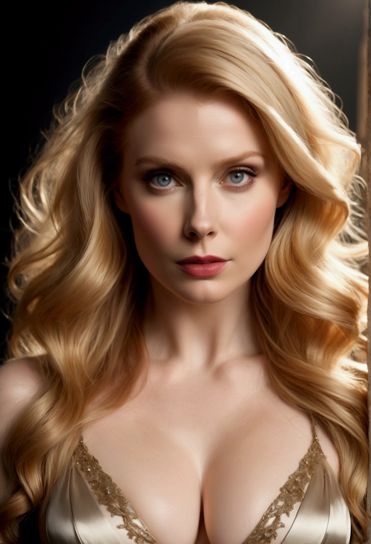 HYBRID FACE BETWEEN BRYCE DALLAS HOWARD AND AMY ADAMS, BUST STYLE IMAGE, STUDIO IMAGE STYLE, DIFFUSED LIGHTS ON FACE, STRONG BACK LIGHTS, CLOSE FACE SHOTBLACK, HUGE LONG BLONDE HAIR, VERY LIGHTNING BLONDE HAIR, VERY PALE SKY, HIGH CHEEKBONES, ROSY CHEEKS, GORGEOUS LIPS, SOFT LIPSTICK, VOLUMOUS BREASTS, STRAPLESS CLEAVAGE, ENIGMATIC FACE EXPRESSION, HIGH QUALITY IMAGE, MASTERPIECE, 8K