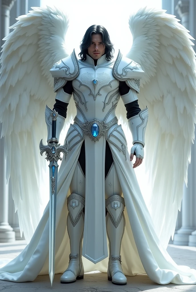 The Armor of the Male White Archangel, with black hair, It is made of white metal with silver details. The chest has an embossed angel wings design, and the shoulder pads and armbands follow the same angelic style. He wears a silver belt with blue gems and a white cape.. The leggings and boots are decorated with feather designs. The archangel also carries a shining sword with an ornate hilt., and its large wings complete its celestial look. Make the full body image 