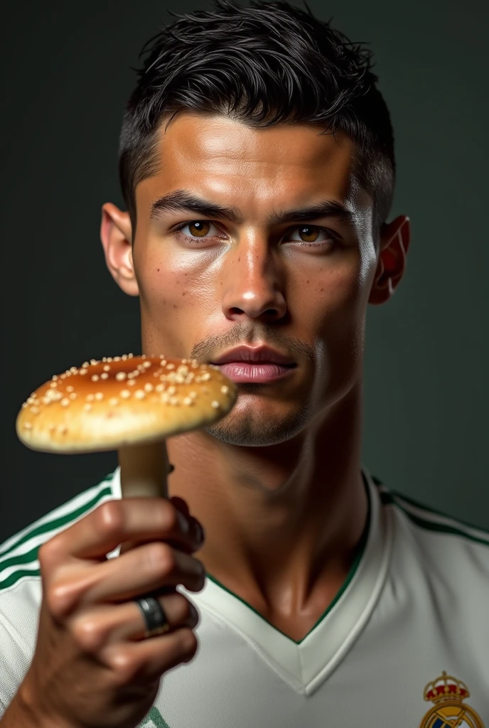 Cristiano Ronaldo with shirt , Without beard , te dije que Without beard!!, I told you not to put a beard or facial hair on him !!!and with a mushroom in his hand!!!