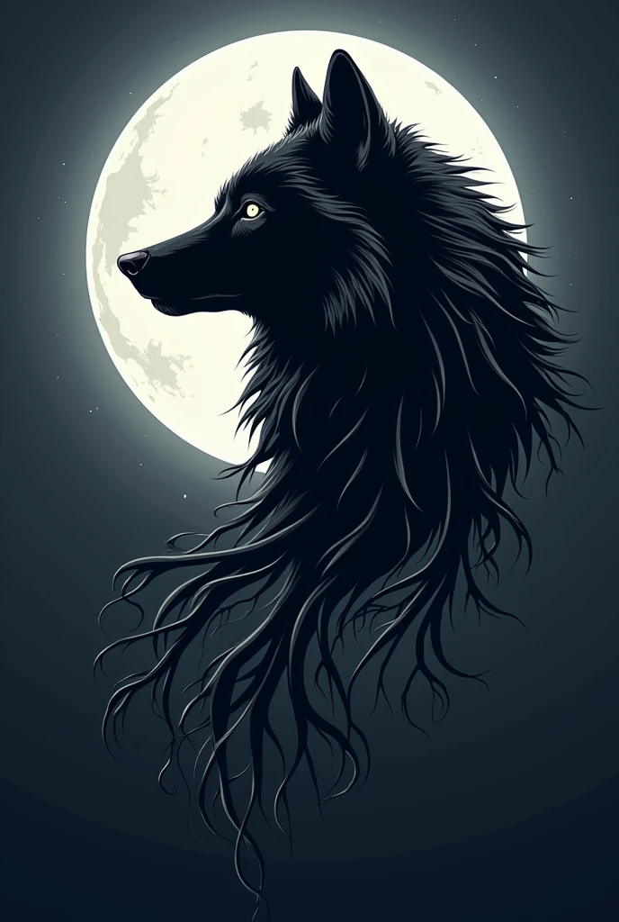 Wolf head moon left profile with long tree roots for tattoo in vector