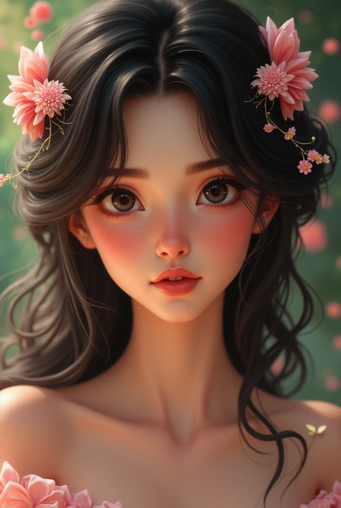  Brunetette , eyes black , curled hair, Disney pixar