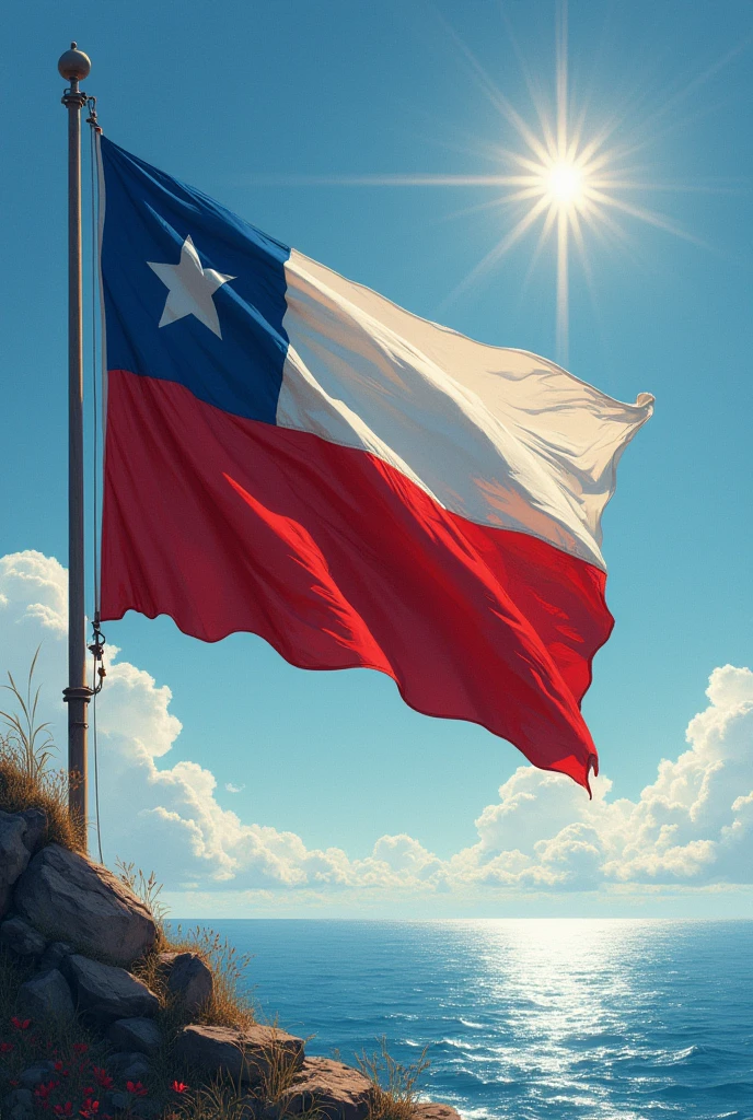 Create a Chilean flag with the following text inside it , Under the clear sky the Star rises. Oh, Chilean flag, firm sentinel, Like a guardian who camouflages himself with the wind. Your colors with echoes that the soul admires The White Like cold snow that the counts rest, immense, Temple, What a glorious soul, Chile in the Andes with firmness Red is the Fire, the ardor of the fighter, brave blood that in those times drew freedom on the ground first and today beats in our chest The Blue of your sinister and deep face, It is the Infinite Sea that embraces the world, Like a giant with a majestic step, sings and roars Like a deep cry. 
Bright star, Radiant star that appears before my fascinating, that guides the navigator at night and the heart of Chile leads him forward. Oh my homeland, In your handkerchief you wave the lived History that the wind shapes and in every Corner you reflect your Strength, You are a symbol of eternal pride.