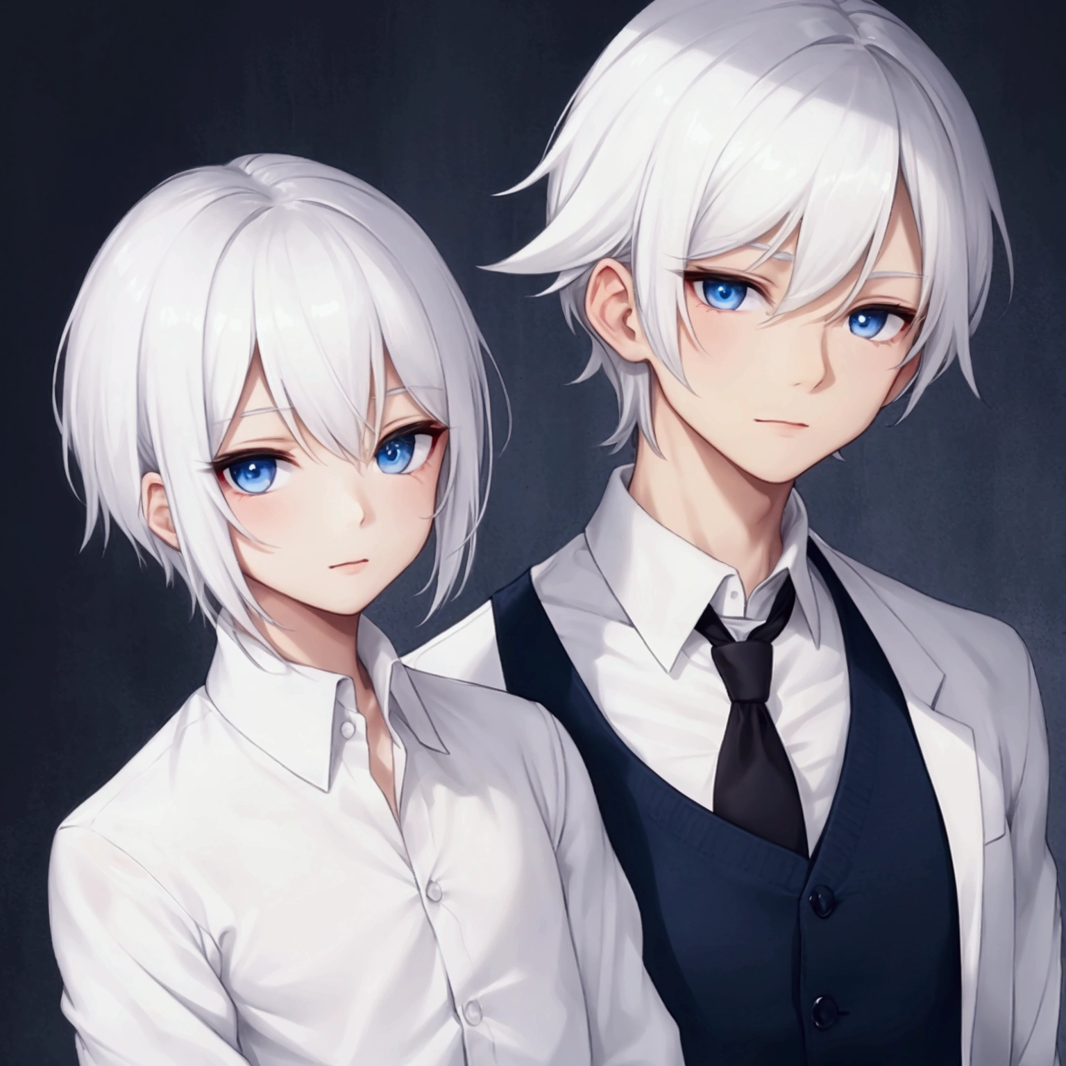 Chico, young, White hair, blue eyes, white button-down shirt