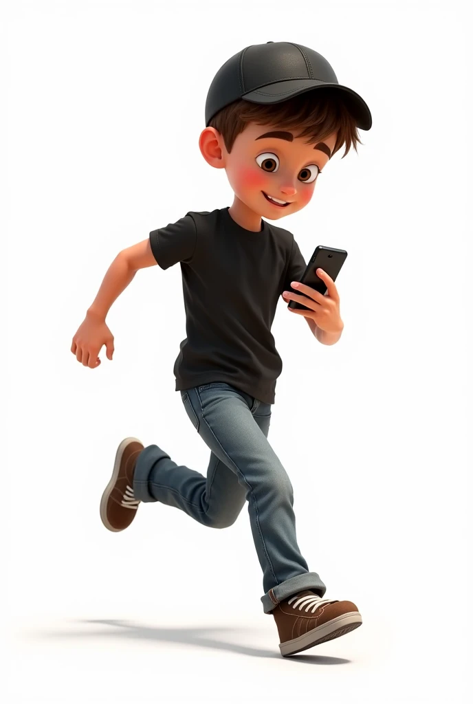 Create for me a young character using his cell phone running with a black shirt and cargo jeans and a black cap on a white background with style: Disney pixar
