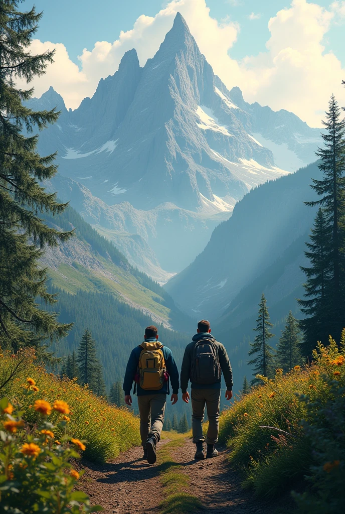 two men heading towards the mountains untouched by common hones, I don't want snow in this image