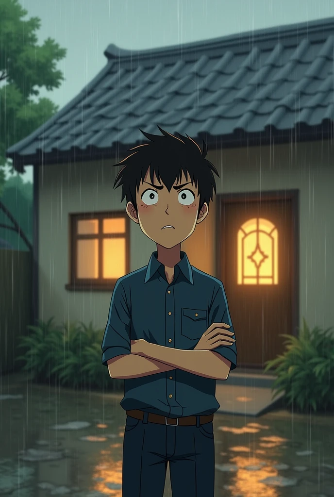 Courier。Male about 30 years old。The weather is rainy。In front of the entrance to a house。I'm annoyed that the resident won't come out when I ring the doorbell.。Ghibli Couple。Approach angle。