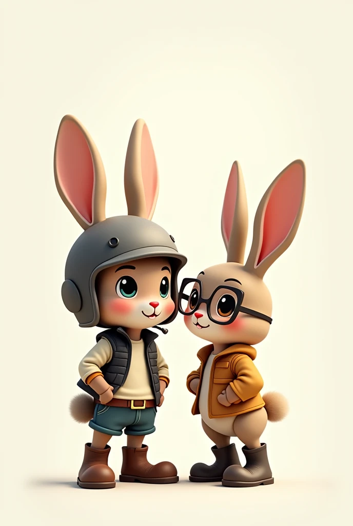 two rabbits without clothes, one with a helmet with his ears sticking out of the helmet, plus a vest and boots, the other a female with glasses a vest and boots animated vector 2d