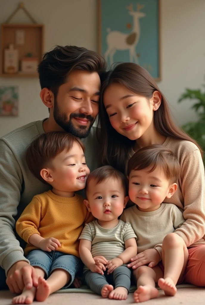 Realistic couple with three children, one and two boys