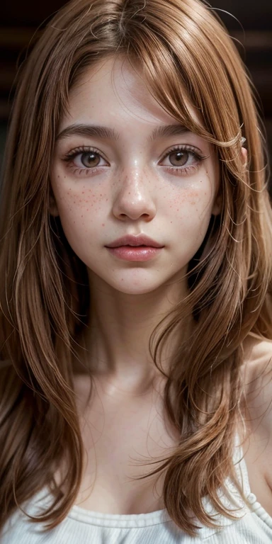 Cartoon image of a  Venezuelan girl, white skin and brown eyes, shoulder length copper colored hair, Her hair is between straight and wavy., She is thin and weighs 50 kg, stomach 1,50 cm, Her nose is small and she has very subtle freckles.., Her lips are thin and have a marked cupid&#39;弓 