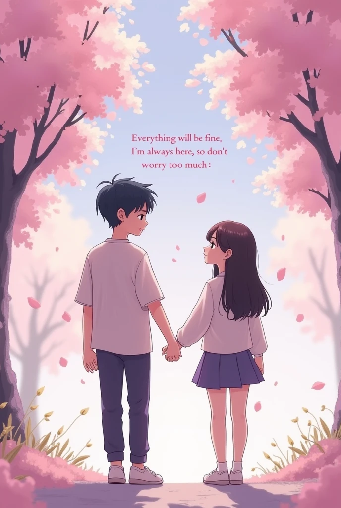 Cartoon of BTS's Yoongi holding hands with a girl representing ARMY. Both figures are smiling and looking at each other, while walking under cherry blossoms. The sky is painted in soft purple tones. The message that appears is: 'Everything will be fine, I'm always here, so don't worry too much', as if the girl was giving these words of encouragement to Yoongi."