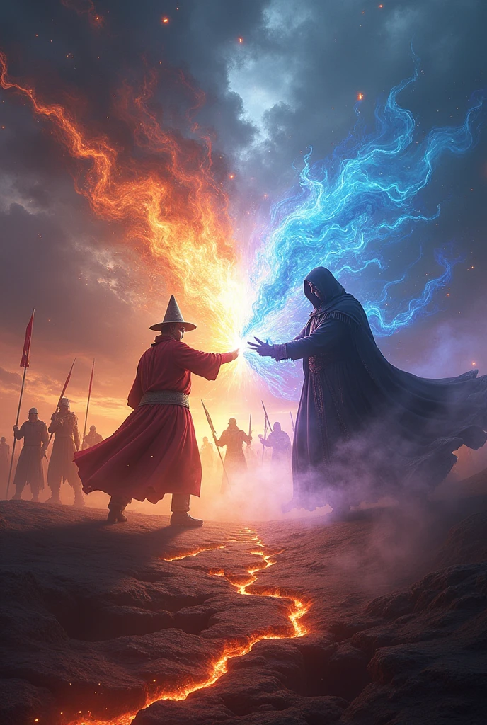 A cinematic, intense scene of a powerful wizard from the Magic Kingdom battling a dark sorcerer. The wizard casts a spell, sending a beam of bright energy towards the sorcerer, who counters with a swirling vortex of dark magic. The impact creates a shockwave, pushing back nearby soldiers and causing the ground to crack. Magical runes and symbols glow around them, adding to the mystic atmosphere. The background includes soldiers fighting and the sky filled with magical energies. High level of detail and realism to match cinematic quality, capturing the dynamic and powerful nature of the magical duel.