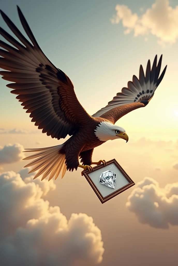 "Create an 8k ultra-realistic image of an eagle flying and holding a frame. Inside the frame is a photograph of a diamond, with the text '200K' written on it."