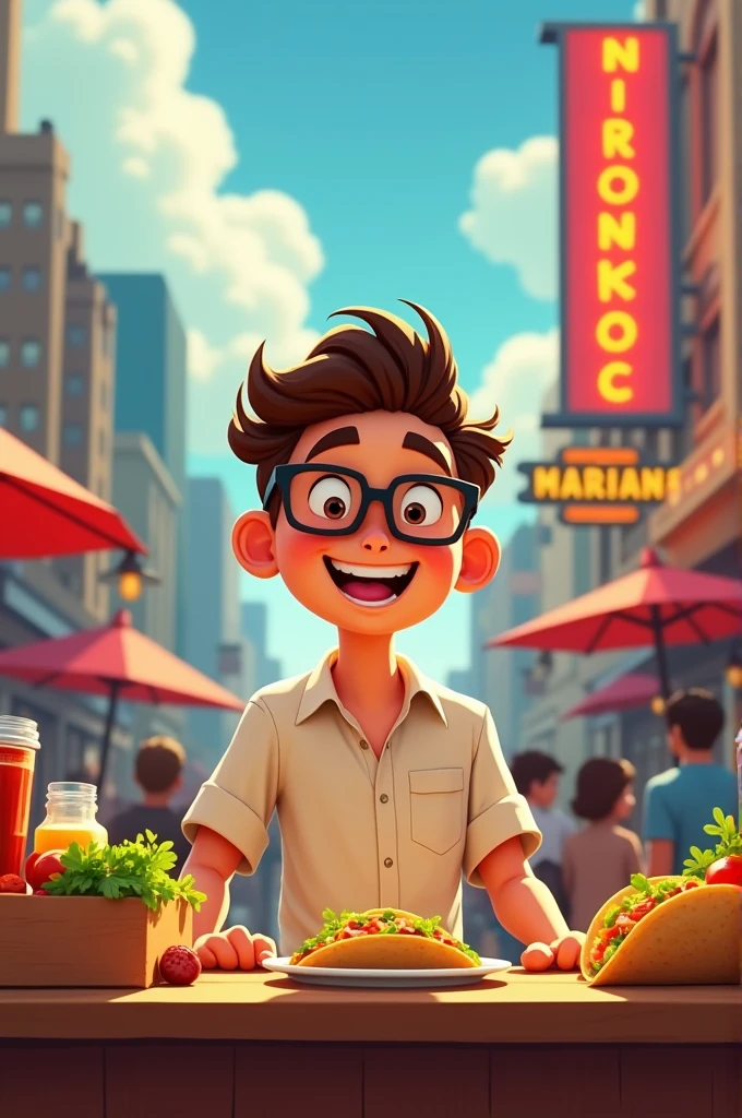 Create an animation of a young man with glasses selling tacos 