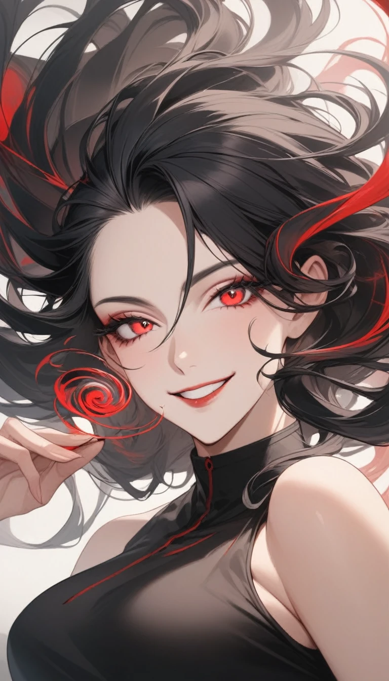 woman with long black hair swirling in place, red eyes, smile