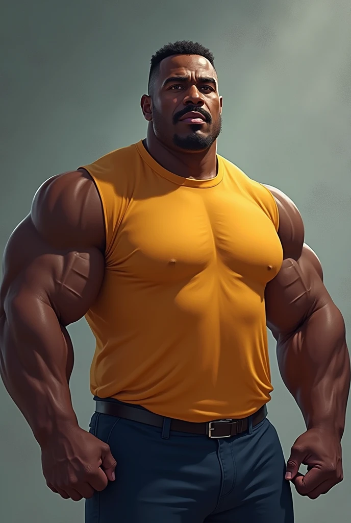 He is a black man with dark skin, with a robust and muscular physical constitution. Your height commands respect, being a tall man. At 5, he keeps himself in great physical shape, being a dedicated volleyball coach. His build is large and athletic., and he wears a thin mustache that complements his strong and imposing appearance