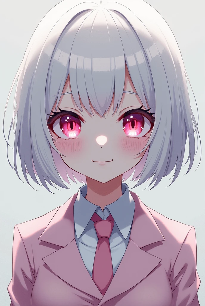 Anime style girl with evil face with short white hair, White eyelashes and completely albino, meaning her whole being is luminous white. Despite her evil, she dresses in clothes like a schoolgirl dress or rather elegant with a tie and a blazer like from a light pink magic school., She also has eyes of the same pink color but they still look almond-shaped, meaning small and mysterious.. He has a slight smile on his lips always but he looks completely cruel as if he were mocking me. 