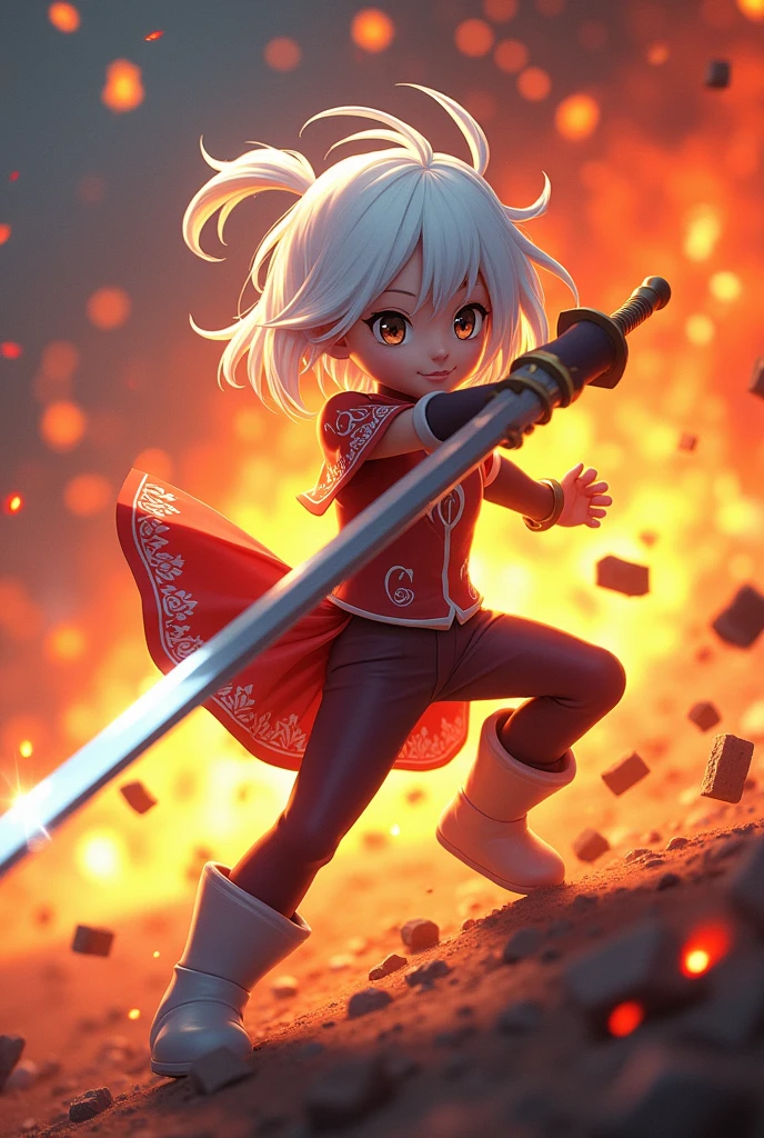 Create a 2d anime character roblox style 2d fighting with sword with fire in background with white hair anime style 2d roblox