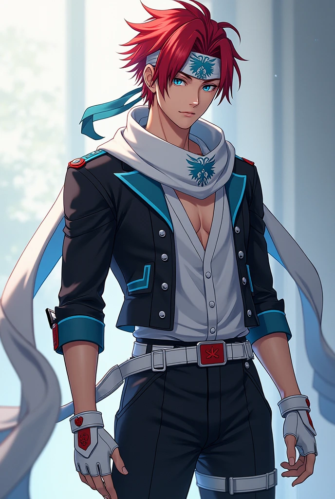 apenas 1 homem, very handsome man, red hair with a hairstyle similar to that of the character Sasuke, but wearing a white bandana, with the symbol of a blue phoenix, very blue eyes, like heaven, muito claro, Asian, wears a short black jacket with cyan blue details, Light gray blouse, with a long white scarf tied around his neck, that crawls to the ground, black military style pants, but without details, just pockets and white military boots, with red details, além de luvas brancas sem dedos with red details imitando couro, and 2 belts under the shirt.