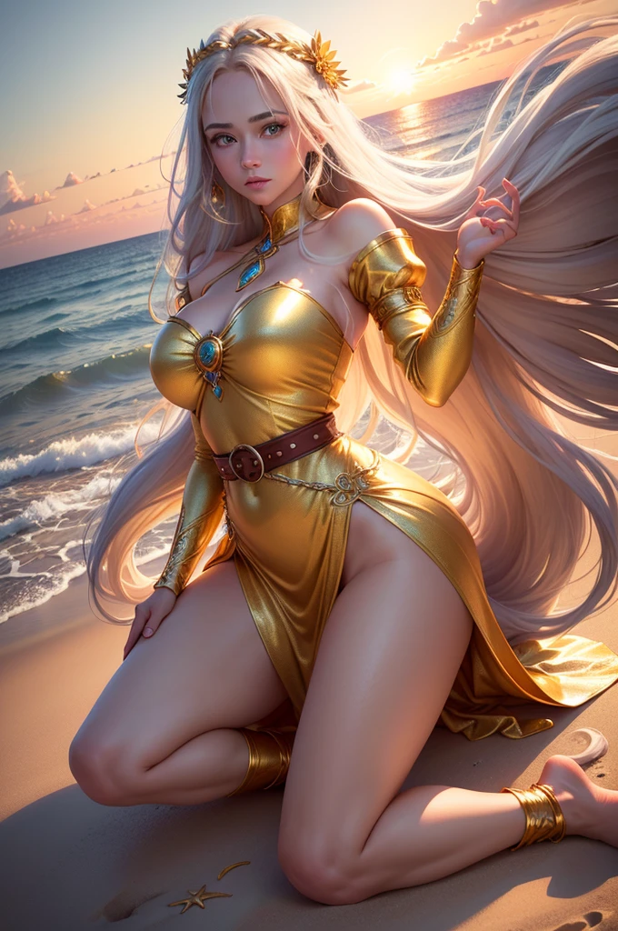(photo realistic:1.35), masterpiece, best quality, CG, wallpaper, HDR, high quality, high-definition, extremely detailed,
1girl,
long hair, glowwave, platinum hair,
blue eyes,
(highly detailed Caucasian skin:1.2),
(Rounded large breasts),
break
((retro artstyle)),
(Serene and goddess-like),
(glowing lightly gold),
long sleeves, dress,
juliet sleeves,
puffy sleeves,
belt, hairband,
break
((Beautiful evening beach, beautiful sunset, horizon)), (kneeling),
well sunlit,
perfect female anatomy, two legs, two feet, two arms,
half body shot,