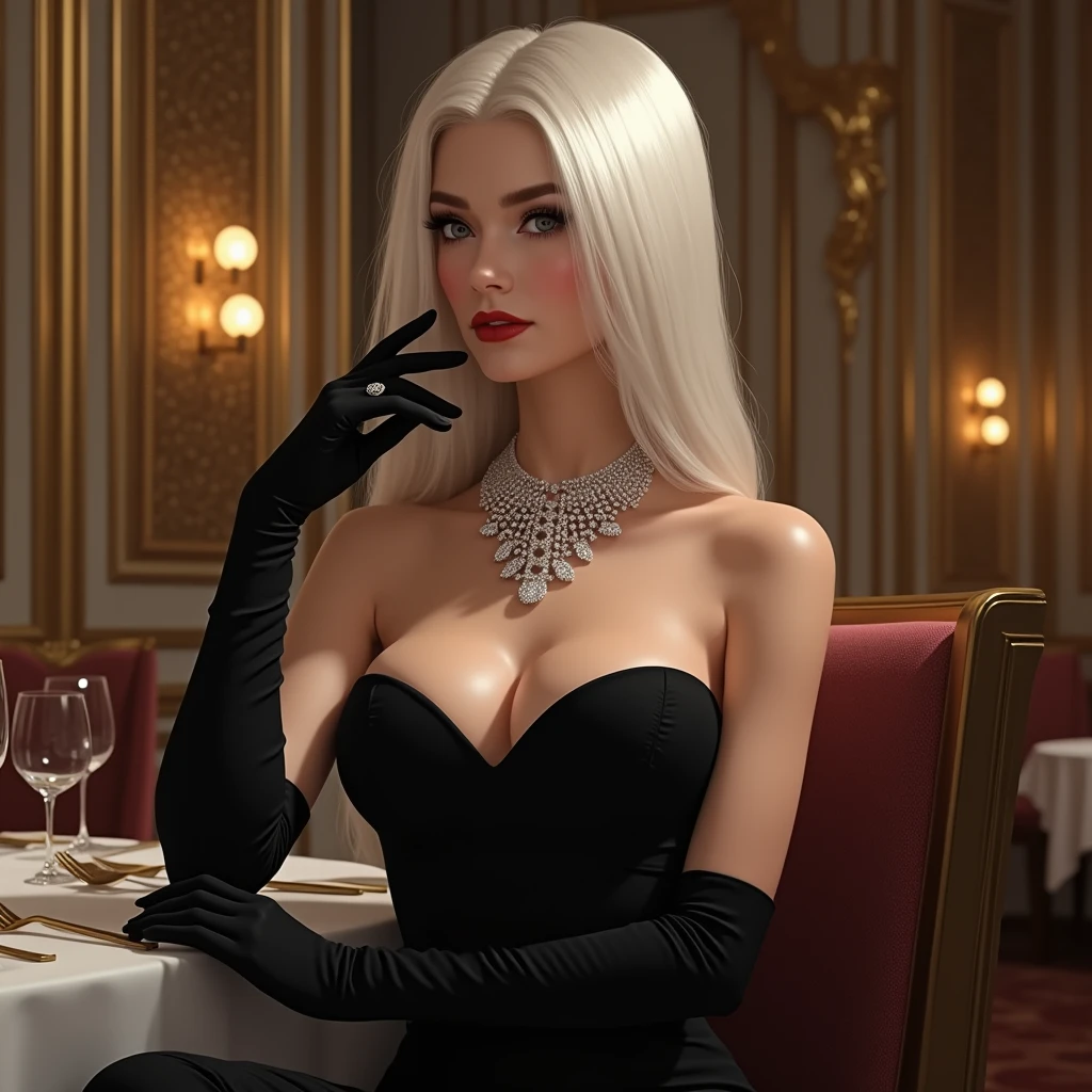 A woman with long, straight white hair,She will wear an elegant black strapless dress and will wear a diamond necklace and black gloves.,I want her posing like a model and in the background I want her in a fancy restaurant with gold details