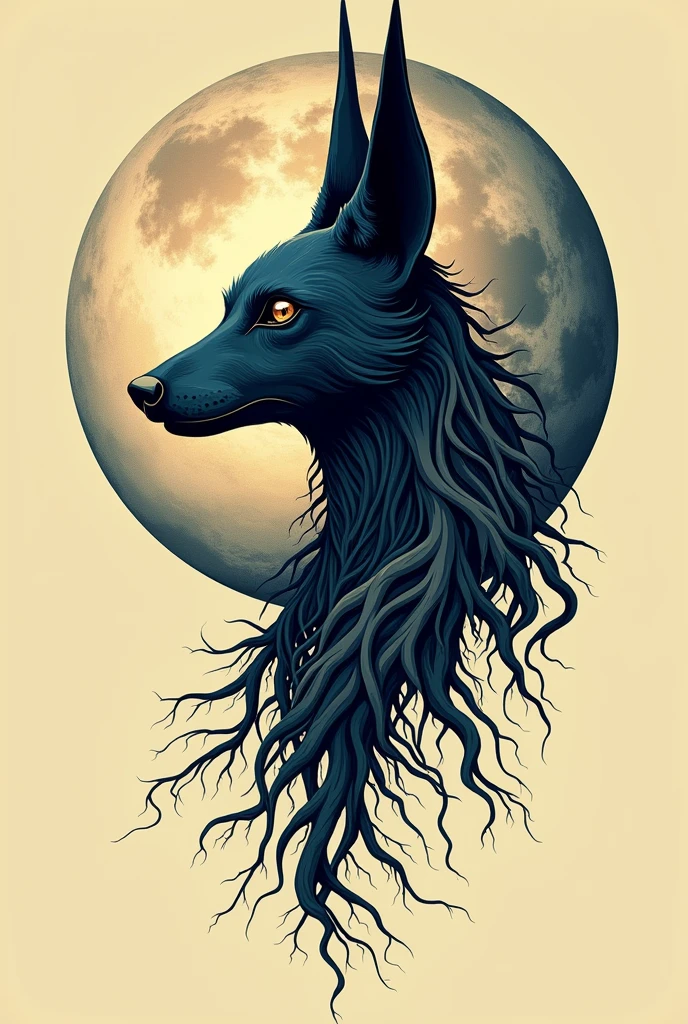 Moon with anubis head left profile with long tree roots for tattoo in vector 

