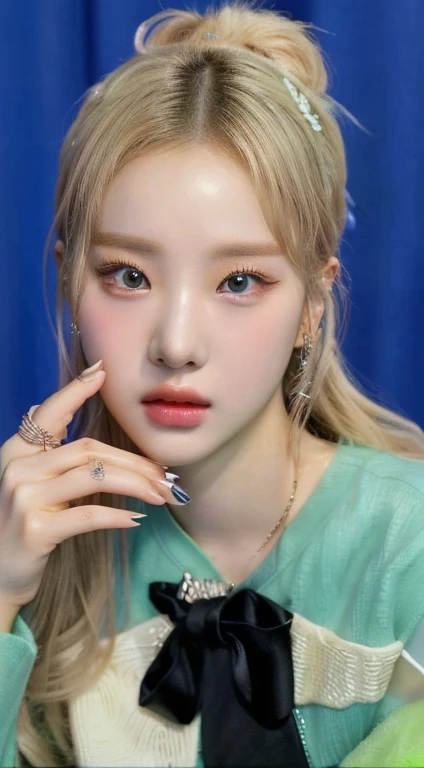 a closeup of a person with a ring on their finger, and blue like eyesportrait of jossi de blackpink, roseanne park by blackpink, korean idol woman portrait, Kpop idol portrait, jossi de blackpink, black rose jisoo portrait, inspired by Yanjun Cheng, inspired by Sim Sa-jeong, kawaii realist portrait, photorealist!!!!!!! Art Style, korean girl, realist. Cheng Yi