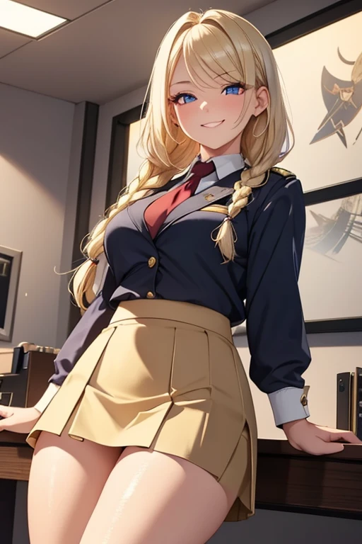 A beautiful blonde woman with three braids and deep red eyes, gazing condescendingly at the viewer with a cute grinning expression, extremely detailed, masterpiece quality, ultra-detailed, HDR, studio lighting, vivid colors, physically-based rendering, thick thighs, exective officer, wearing office suits, (((wearing short skirt)))