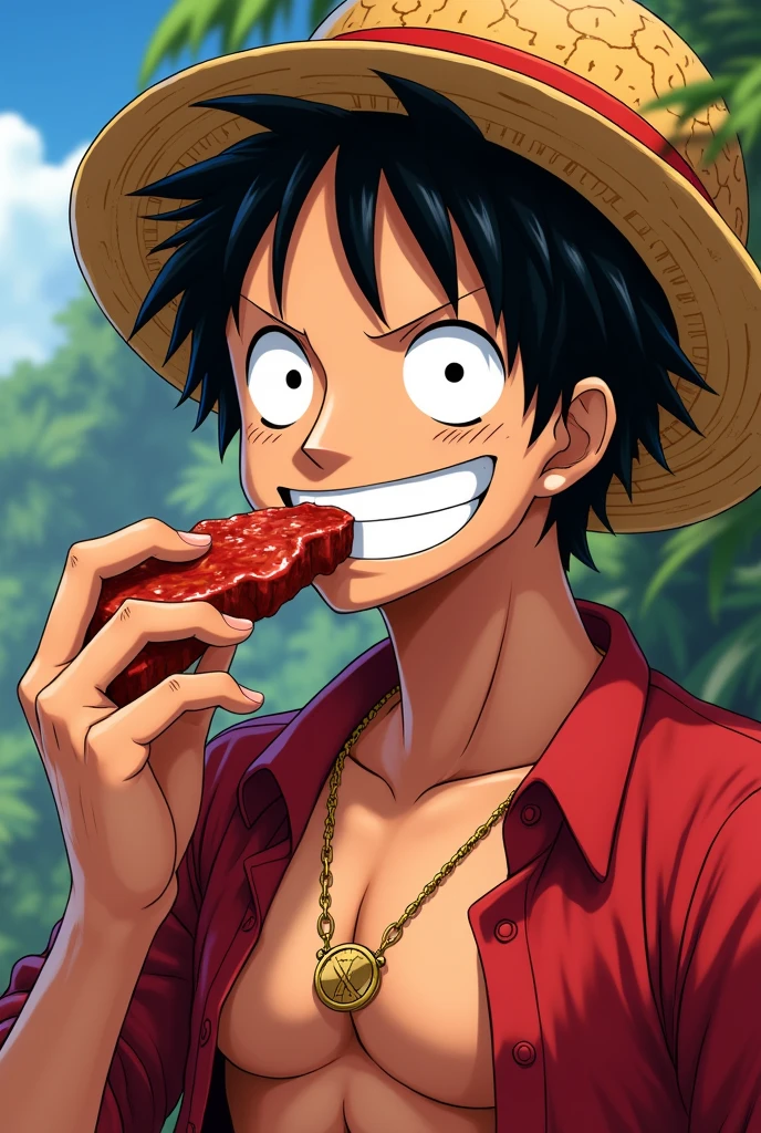 Create an image of Ace smiling while eating a piece of meat. Ace, Luffy&#39;s brother from One Piece 
