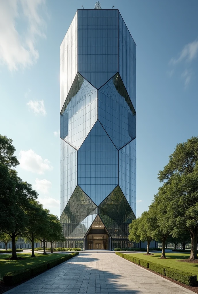 The headquarters of a multi-trillion-dollar company stands as a 50-story glass and steel fortress, its hexagonal shape glistening under the sun. Surrounded by an electrified fence and a moat, the building is both a symbol of power and a bastion of security. The grounds are lush, with manicured lawns, towering oak trees, and sculptures, all leading to a grand granite driveway. A sleek, modern lobby with marble floors and a massive crystal chandelier greets visitors, while the upper floors house luxurious executive offices with panoramic views. To the side, a multi-story garage and a helipad emphasize the seamless blend of elegance and functionality.
