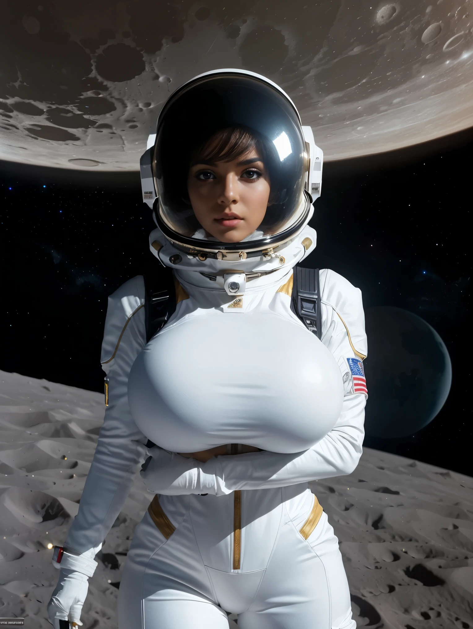 cute african teen girl, giant breasts, star trek uniform, cleavage, spaceship, masterpiece, ultra detailed, ultra realistic, crazy details