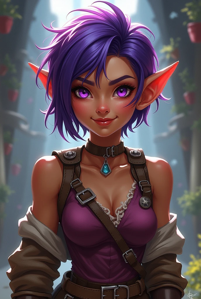 create the image of a gnome woman, Your hair is short, clear and rebellious, your tanned skin, your purple eyes, is smiling, your outfit is rpg rogue style d&d
