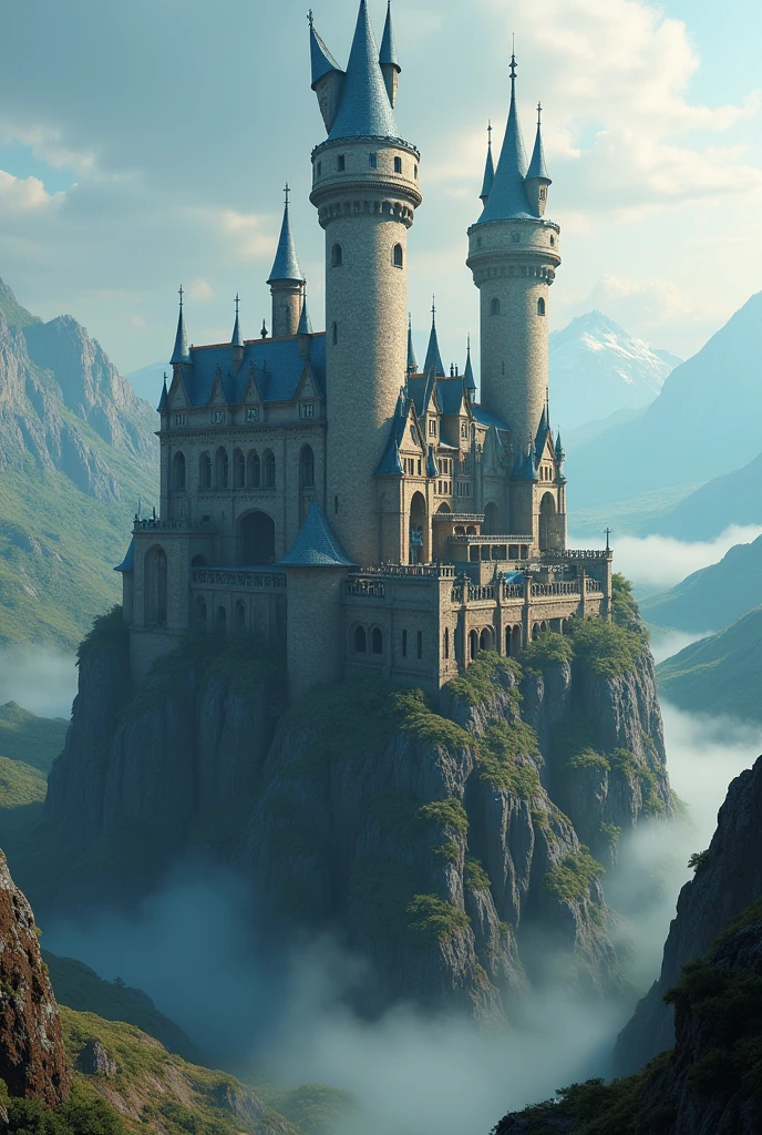 Create a mystical and fantastic 3D castle with two identical main towers