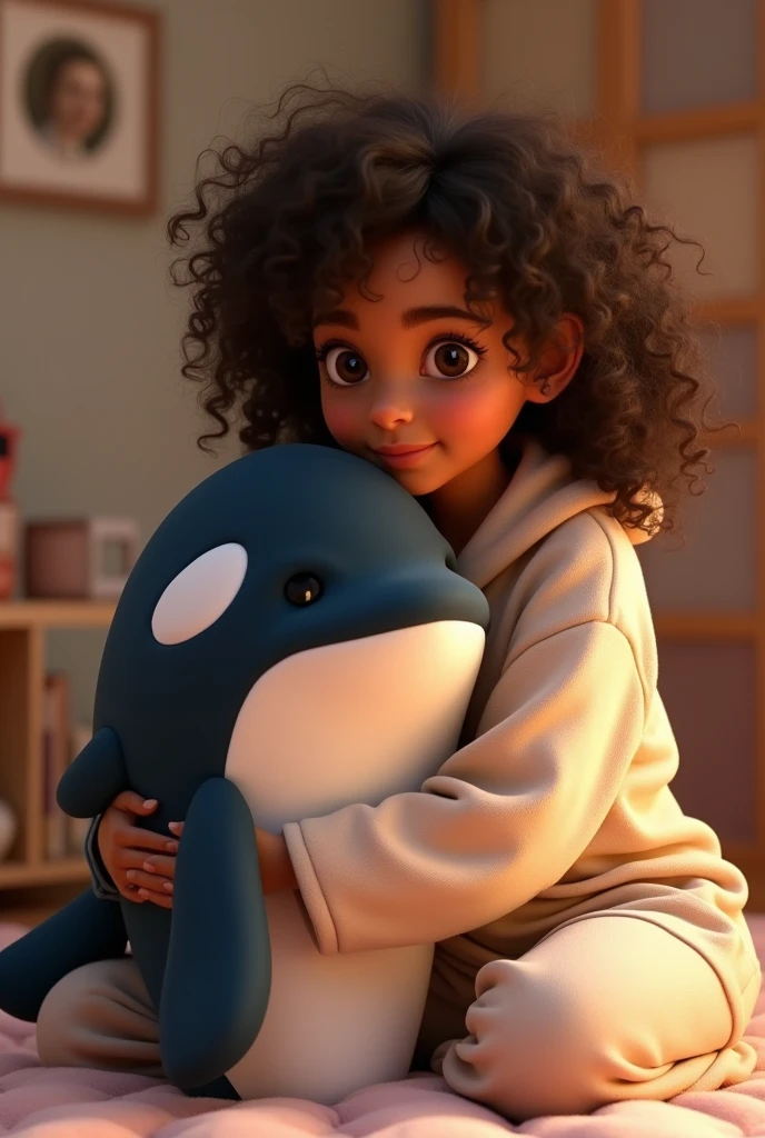  white, western, with curly hair, medium-sized, moreno claro, wearing pajamas, hugging a plush orca whale. with a pixar style