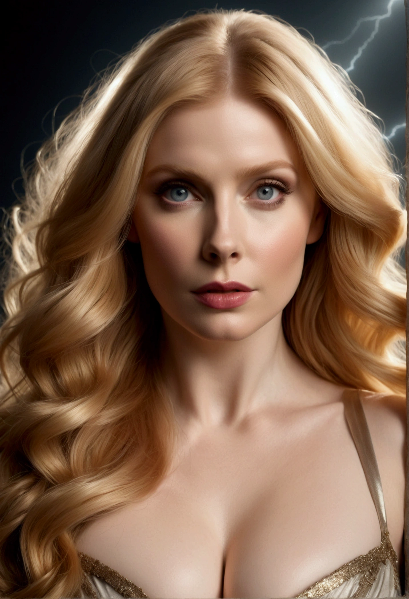 HYBRID FACE BETWEEN BRYCE DALLAS HOWARD AND AMY ADAMS, BUST STYLE IMAGE, STUDIO IMAGE STYLE, DIFFUSED LIGHTS ON FACE, STRONG BACK LIGHTS, CLOSE FACE SHOTBLACK, HUGE LONG BLONDE HAIR, VERY LIGHTNING BLONDE HAIR, VERY PALE SKY, HIGH CHEEKBONES, ROSY CHEEKS, GORGEOUS LIPS, SOFT LIPSTICK, VOLUMOUS BREASTS, STRAPLESS CLEAVAGE, ENIGMATIC FACE EXPRESSION, HIGH QUALITY IMAGE, MASTERPIECE, 8K