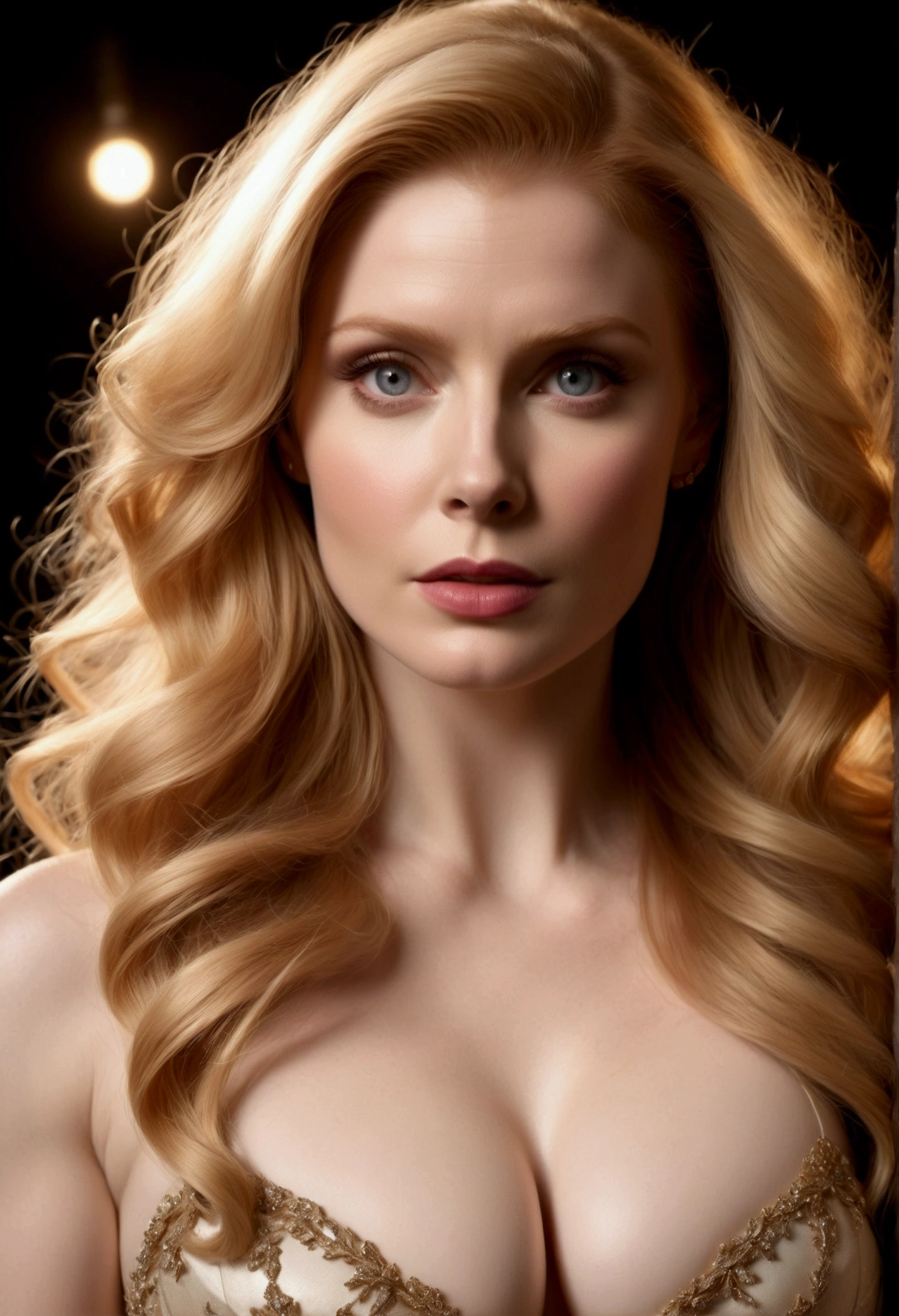 HYBRID FACE BETWEEN BRYCE DALLAS HOWARD AND AMY ADAMS, BUST STYLE IMAGE, STUDIO IMAGE STYLE, DIFFUSED LIGHTS ON FACE, STRONG BACK LIGHTS, CLOSE FACE SHOTBLACK, HUGE LONG BLONDE HAIR, VERY LIGHTNING BLONDE HAIR, VERY PALE SKY, HIGH CHEEKBONES, ROSY CHEEKS, GORGEOUS LIPS, SOFT LIPSTICK, VOLUMOUS BREASTS, STRAPLESS CLEAVAGE, ENIGMATIC FACE EXPRESSION, HIGH QUALITY IMAGE, MASTERPIECE, 8K