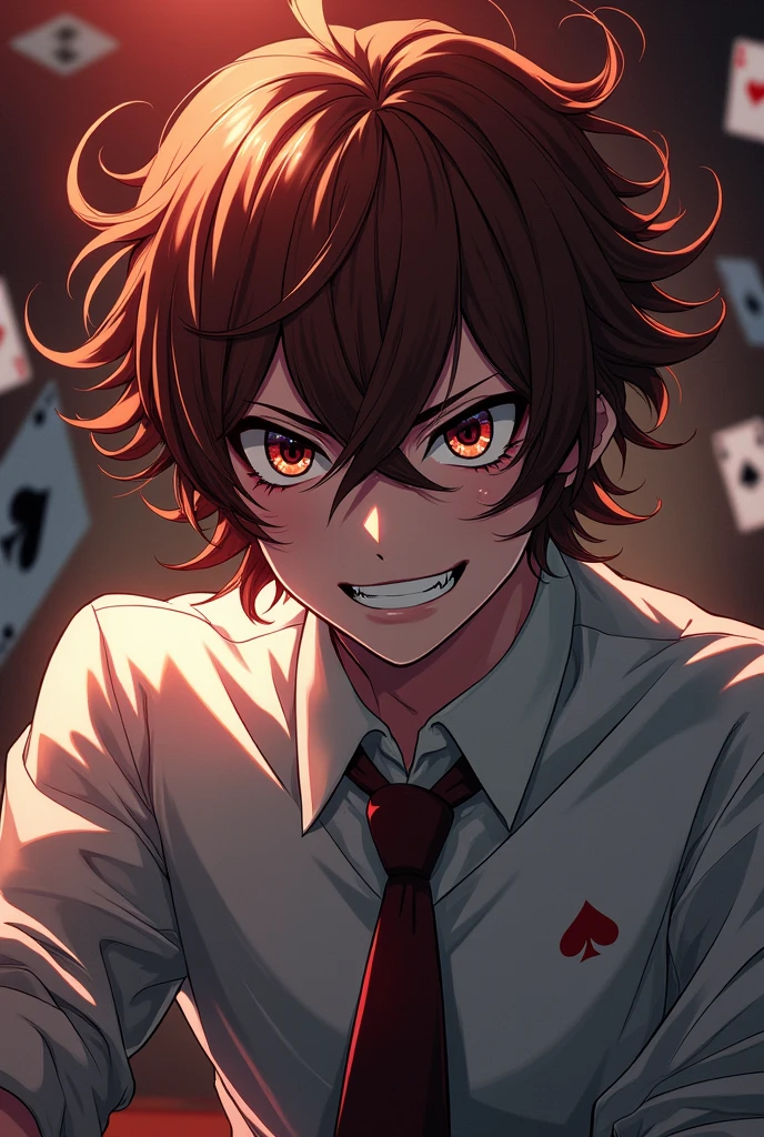 Make a profile picture, like the style of the anime kakegurui, make the character as if it were Yumeko in the male version with crazy eyes, more serious with shining eyes and him sweating in a very risky bet, more serious with the background with betting cards, it's perfect like that, but add a tie and take away the crying, more serious! Com o cabelo ondulado e castanho com um olhar mais de excitação mais sério com ele suando com um olhar de mais loucura nas apostas com um sorriso 😈
Com os olhos vermelhos brilhantes mais vermelho mais parecido com a yumeko jabami surtada mais surtando!! Com o rosto dele suando pela a aposta ser muito arriscada como uma sombra do mal atrás dele e ele com os olhos brilhantes 😈 com um sorriso mais realista muito mais realista