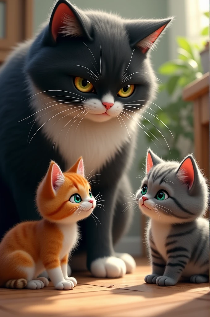 3 cats, a male tuxedo cat with bushy fur, He is the biggest but his face is serious, a calico cat smaller than tuxedo but fatter, green eyes and a gray kitten with black stripes. The tuxedo is watching the grey play and the calico is present