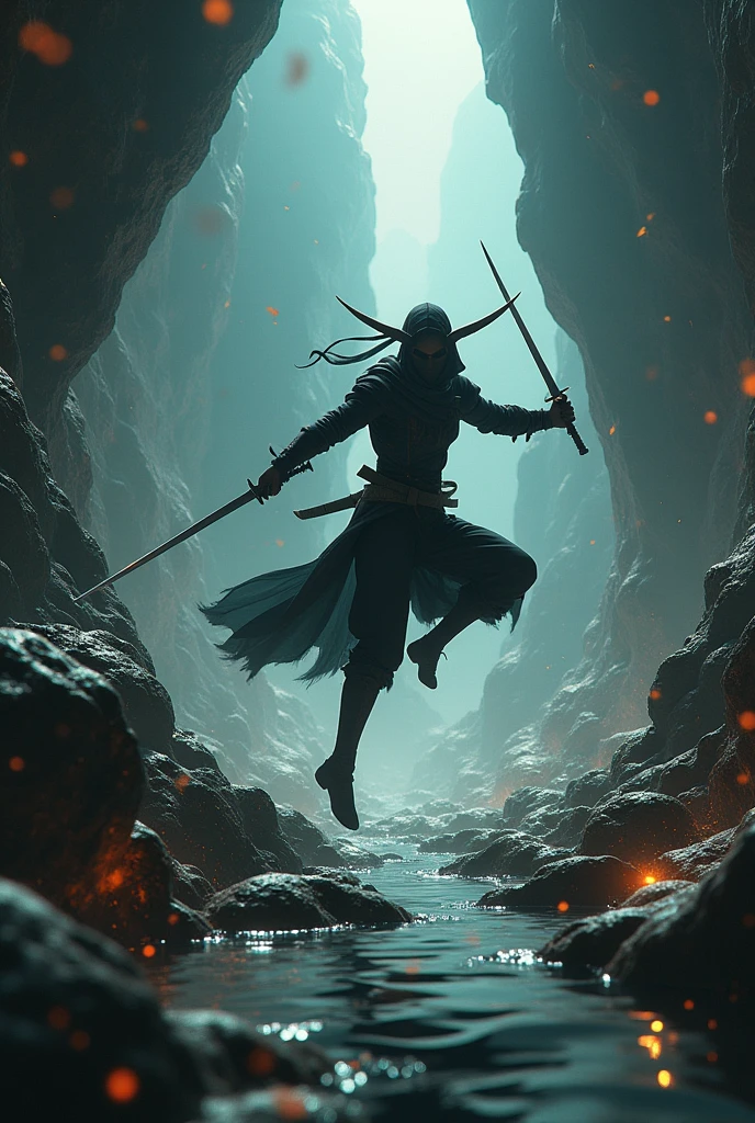 Ninja elf with swords and daggers fighting in a cave against mutant cell phones with teeth and wings.