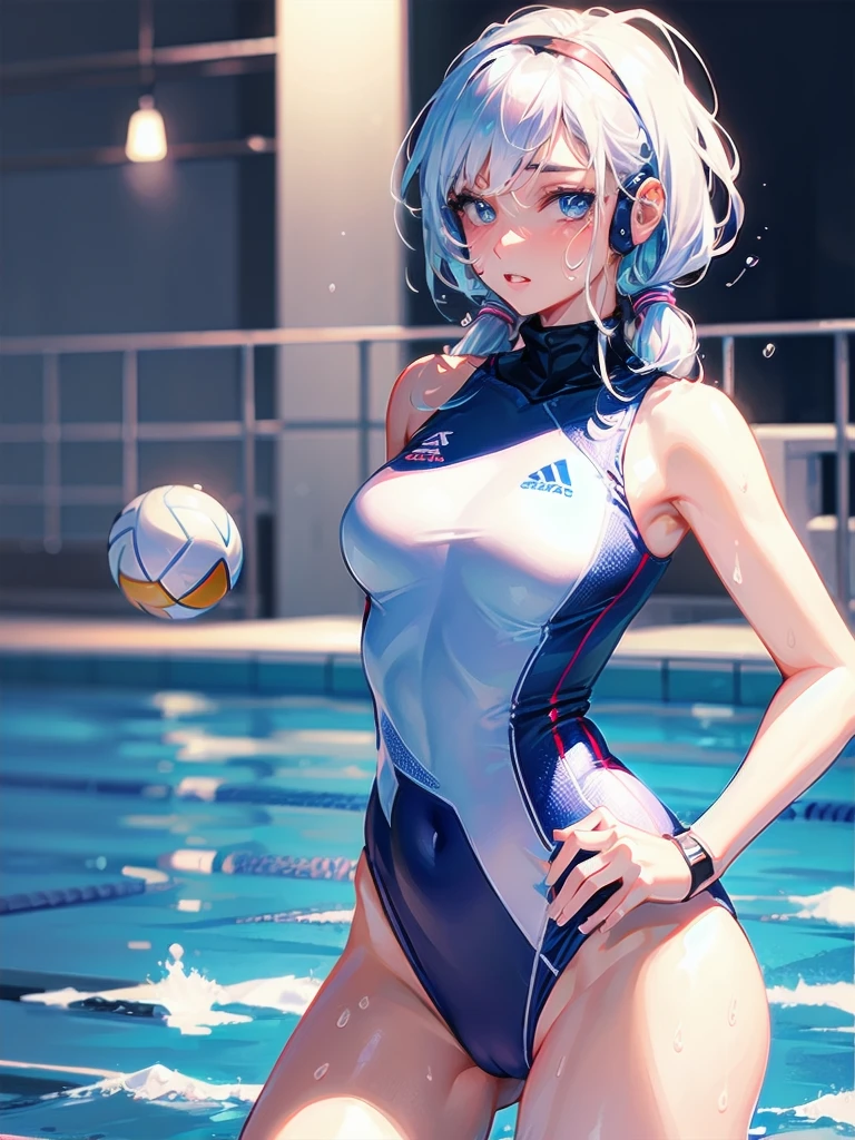 high quality,hd,16k,1girl,female water polo player ,cute face, large breasts, slender body, delicate body,nice legs, sweat,li, in water polo venue,focus girl,detailed beautiful face,detailed clothes,beautiful eyes,cool,dynamic angle