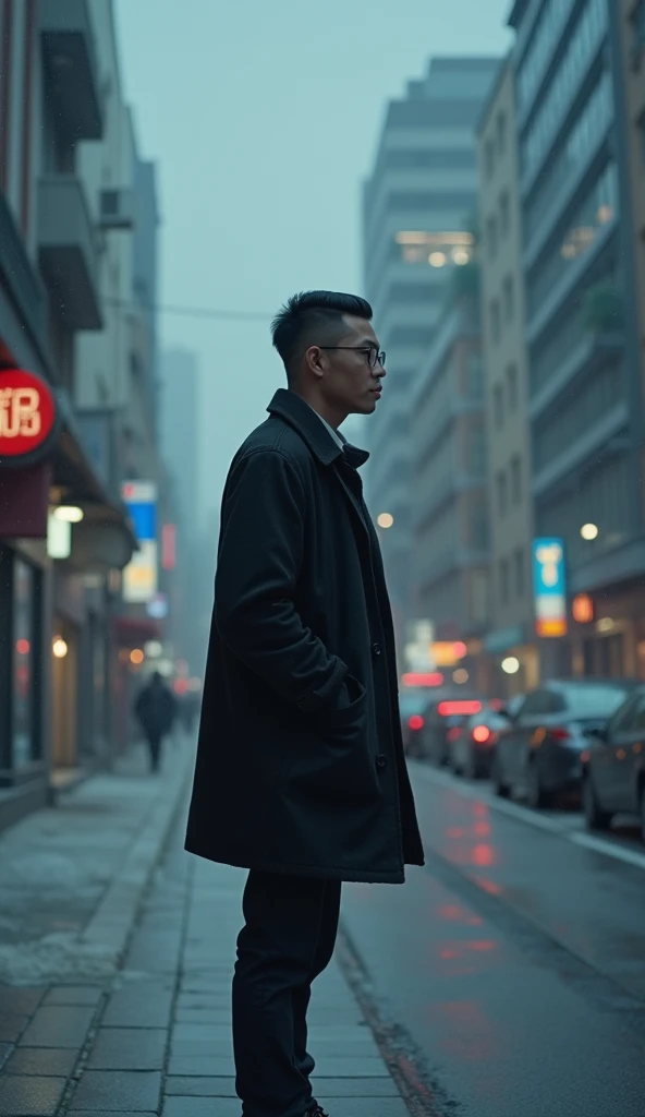 aesthetic writing "matsu" on the front, very high quality photo, a romantic scene, a man wearing glasses from Indonesia, razor cut, wearing a coat and shoes is missing his lover in the corner of the city, winter, sad, full body, realistic, cool visual effects and intricate, looks real and perfect, UHD 64K, very sweet