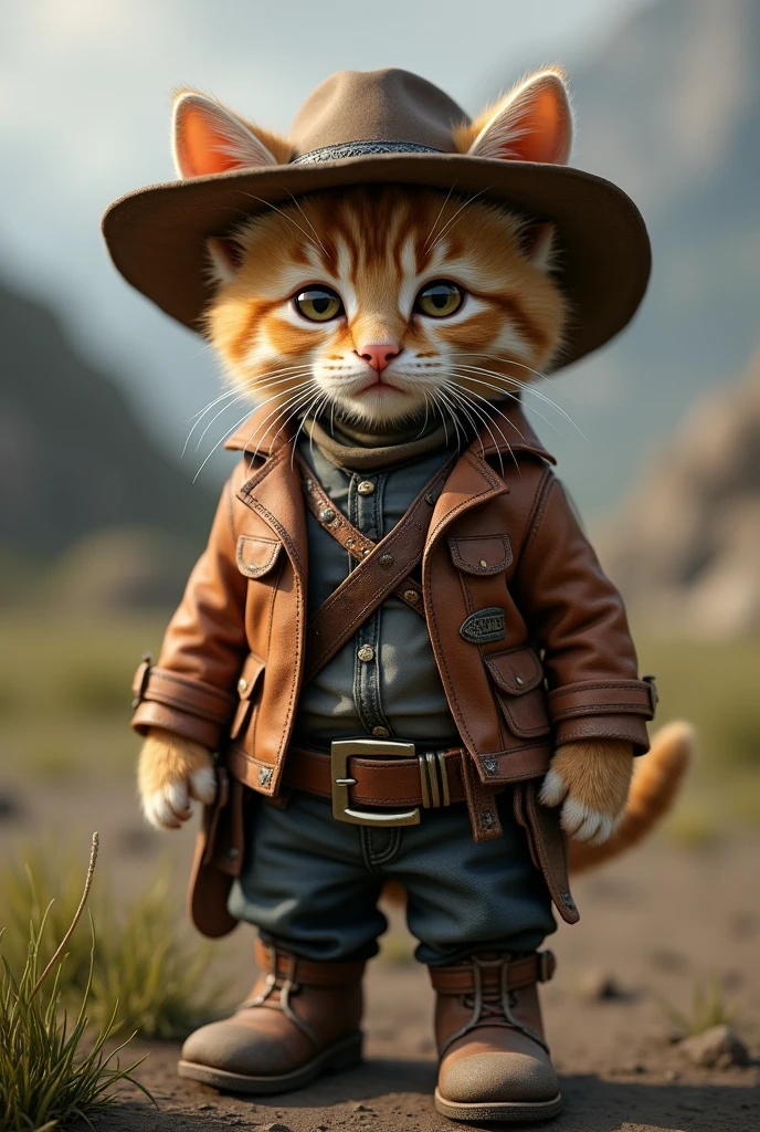 Hyperrealistic kitten wearing an Arthur Morgan costume from Read Dead Redemption 2