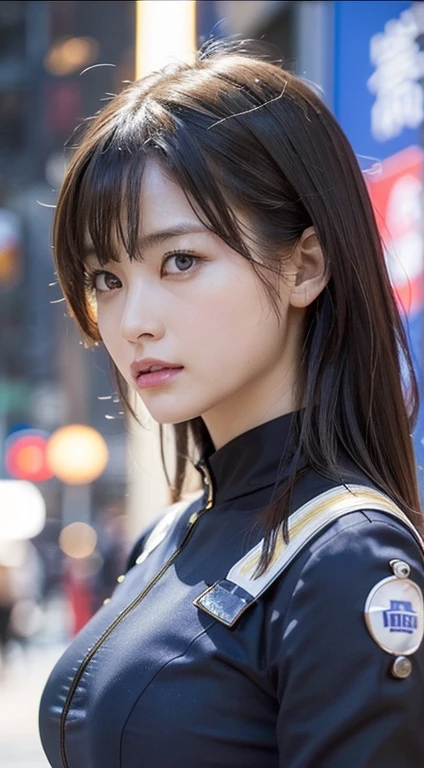 (a closeup:1.4)、(RAW Photography:1.2)、(Photorealsitic:1.4)、(masterpiece:1.3)、(top-quality:1.4)、(Beautiful woman with perfect body:1.4)、Woman standing in front of a group of robots、beautiful android woman、Beautiful Female Soldier、girl in suit、complex combat uniform、beautiful young Japanese woman、Highly detailed facial and skin texture、Detailed big eyes、double eyelid、cute face、(Short Bob:1.2)、(huge-breasted)、(FULL BODYSHOT)、cowboy shot、(angry expressions:1.2)、Storms and epic war scenes、cyberpunk scene、Night、illuminations、plugsuit、combat uniform damage、