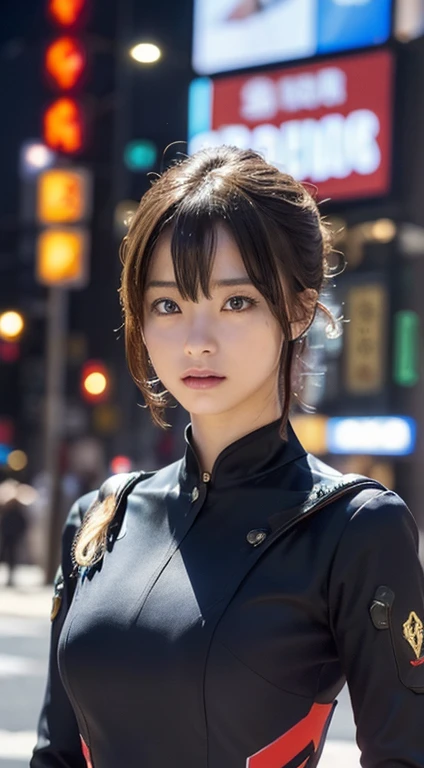 (a closeup:1.4)、(RAW Photography:1.2)、(Photorealsitic:1.4)、(masterpiece:1.3)、(top-quality:1.4)、(Beautiful woman with perfect body:1.4)、Woman standing in front of a group of robots、beautiful android woman、Beautiful Female Soldier、girl in suit、complex combat uniform、beautiful young Japanese woman、Highly detailed facial and skin texture、Detailed big eyes、double eyelid、cute face、(Short Bob:1.2)、(huge-breasted)、(FULL BODYSHOT)、cowboy shot、(angry expressions:1.2)、Storms and epic war scenes、cyberpunk scene、Night、illuminations、plugsuit、combat uniform damage、