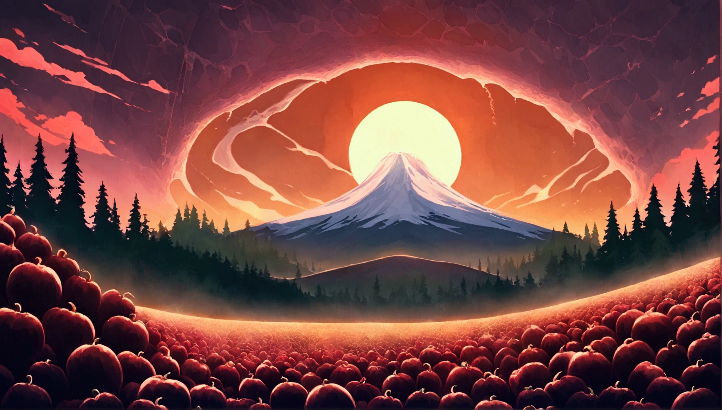 ultra wide landscape flooded with light moebius style, greenery, giant red chili pepper, giant blackberries, epic, sun, mt hood, waterfall, forest, oregon, green