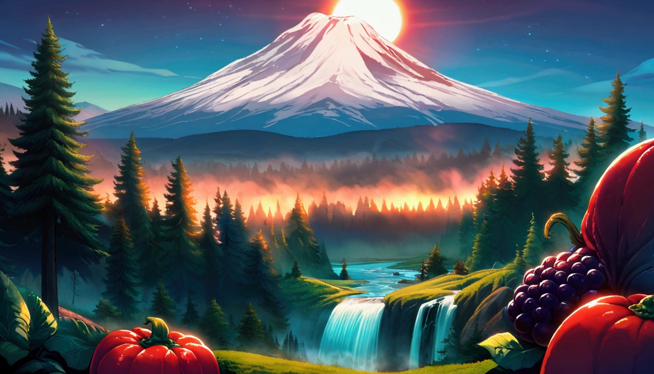 ultra wide landscape flooded with light moebius style, greenery, giant red chili pepper, giant blackberries, epic, sun, mt hood, waterfall, forest, oregon, green