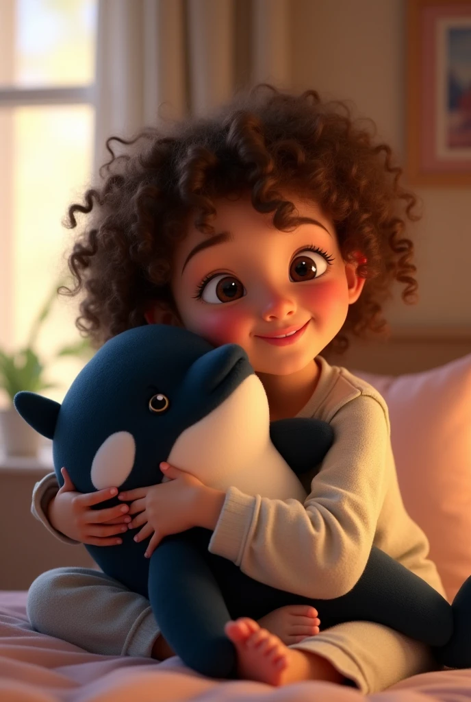  very white, western, with curly hair, medium-sized, moreno claro, wearing pajamas, hugging a plush orca whale. with a pixar style