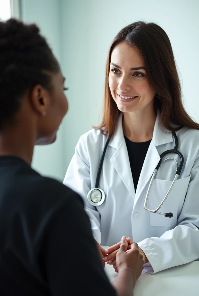 Taking a medical follow-up photo between a black female patient and a white female doctor and the doctor attending to the patient, the patient is wearing a regular black shirt and the doctor is wearing a white coat with an angle facing them both